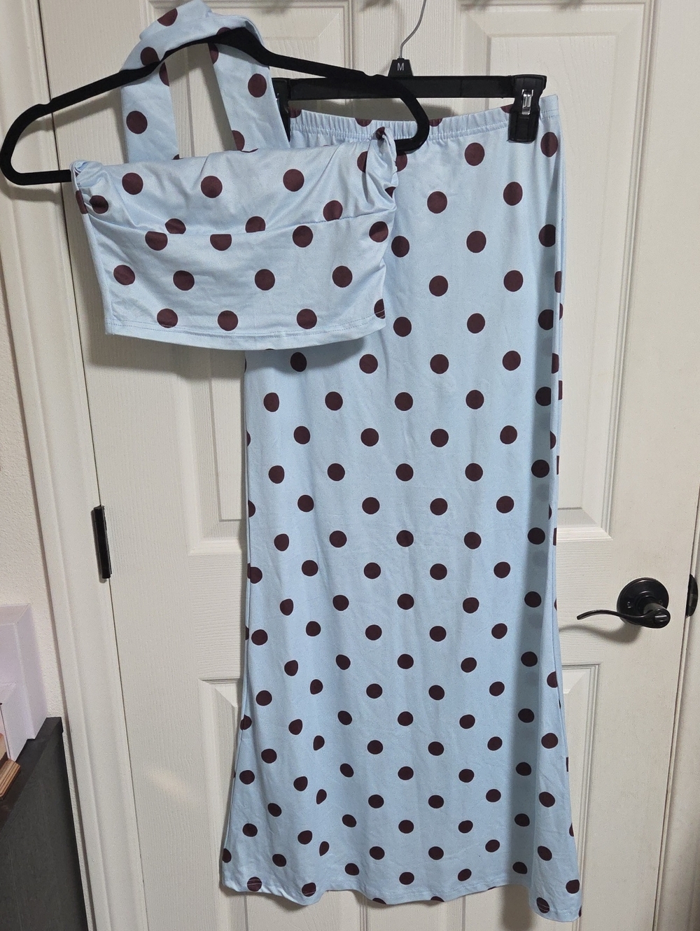 SHEIN Light Blue Maxi Skirt and Crop Top Set with Brown Polka Dots